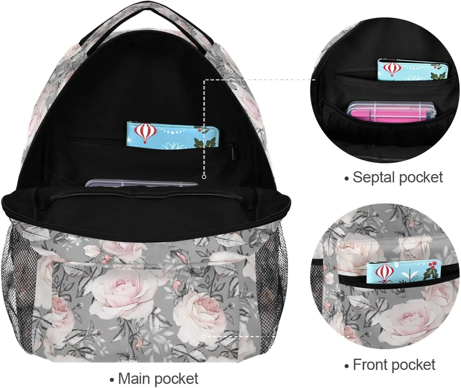 MNSRUU Student Travel School Backpack Pink Flowers And Leaves On Gray Rose Floral Tile College Laptop Backpacks Business iPad Tablet Computer Bookbags for Adult Teen