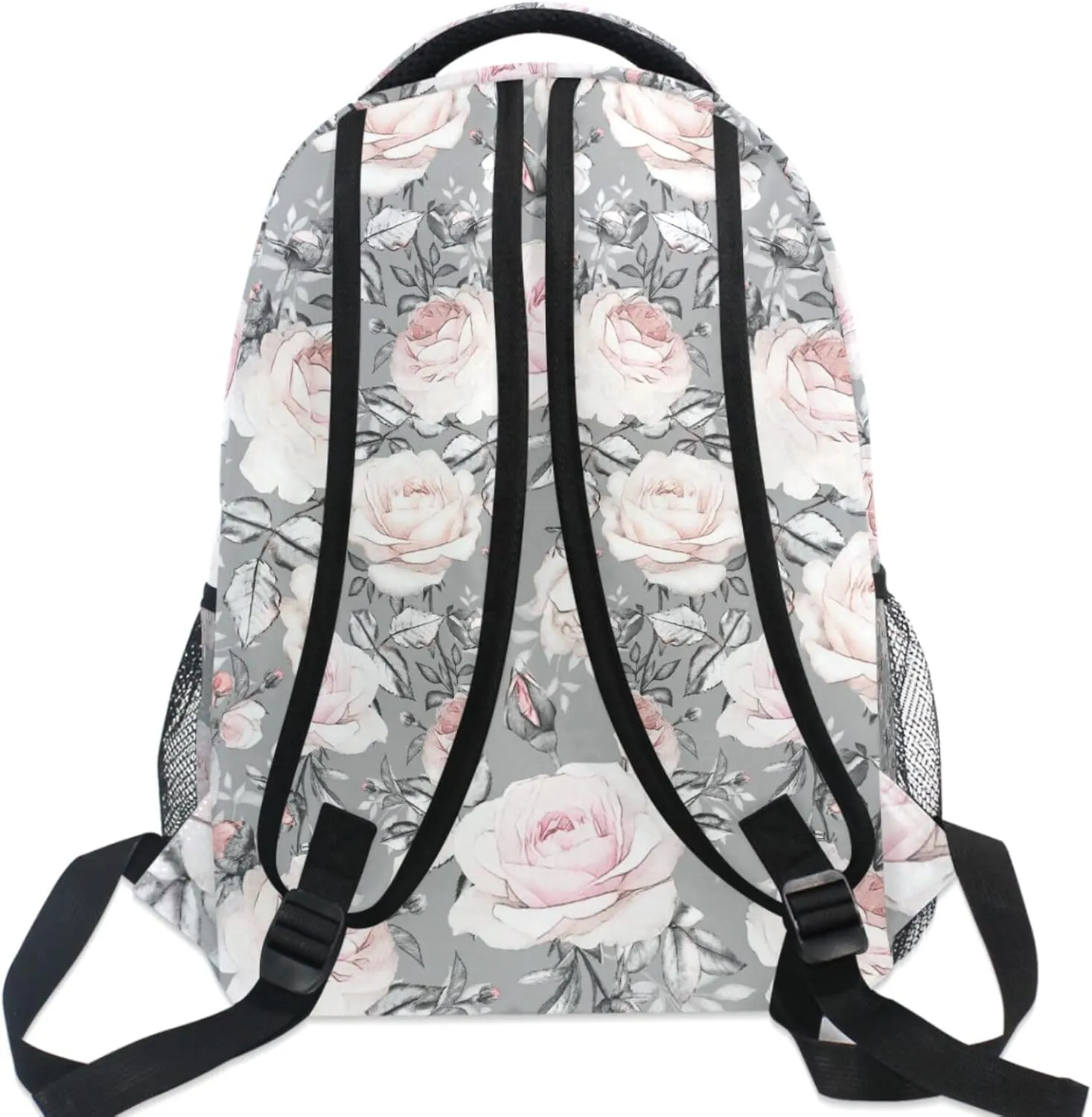 MNSRUU Student Travel School Backpack Pink Flowers And Leaves On Gray Rose Floral Tile College Laptop Backpacks Business iPad Tablet Computer Bookbags for Adult Teen