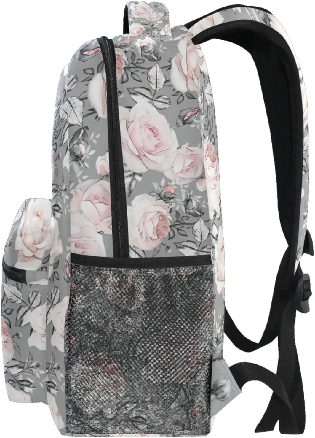 MNSRUU Student Travel School Backpack Pink Flowers And Leaves On Gray Rose Floral Tile College Laptop Backpacks Business iPad Tablet Computer Bookbags for Adult Teen