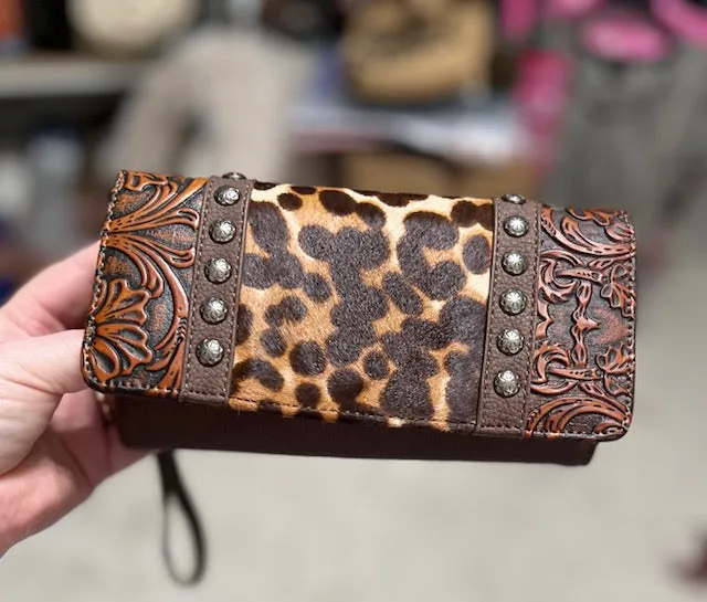 Montana West Embossed Leather and Leopard Studded Wallet Handbag