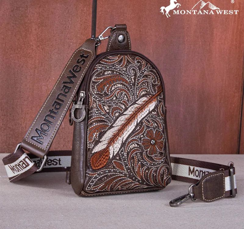 Montana West Embroidered Feather Cut-Out Floral Sling Bag - Coffee