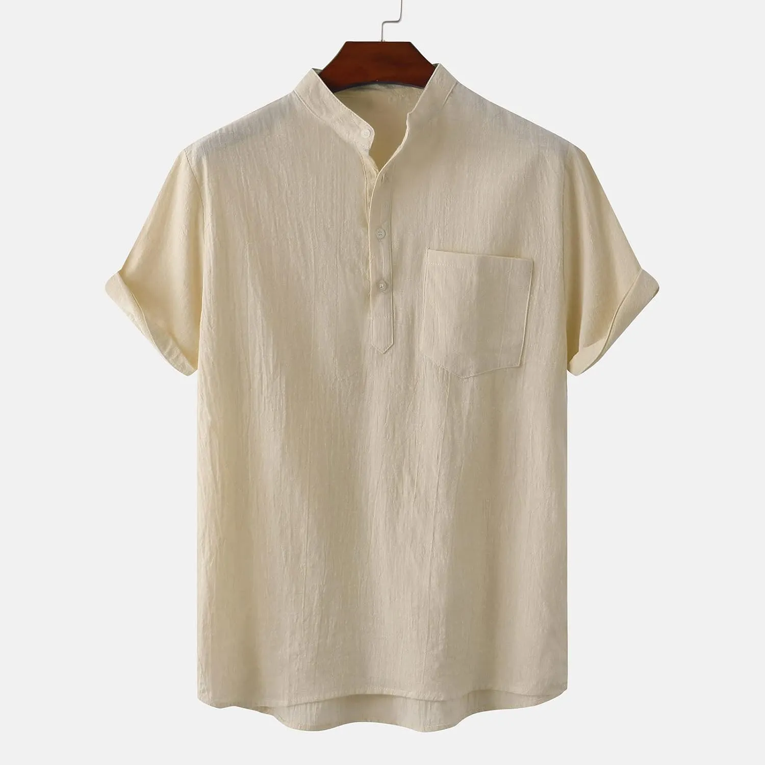 Muscularfit Men's Cotton Linen Henley Shirt Casual Stylish Short Sleeve Button Down T Shirts Loose Fit Plain Chest Pocket Tee