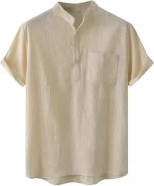 Muscularfit Men's Cotton Linen Henley Shirt Casual Stylish Short Sleeve Button Down T Shirts Loose Fit Plain Chest Pocket Tee
