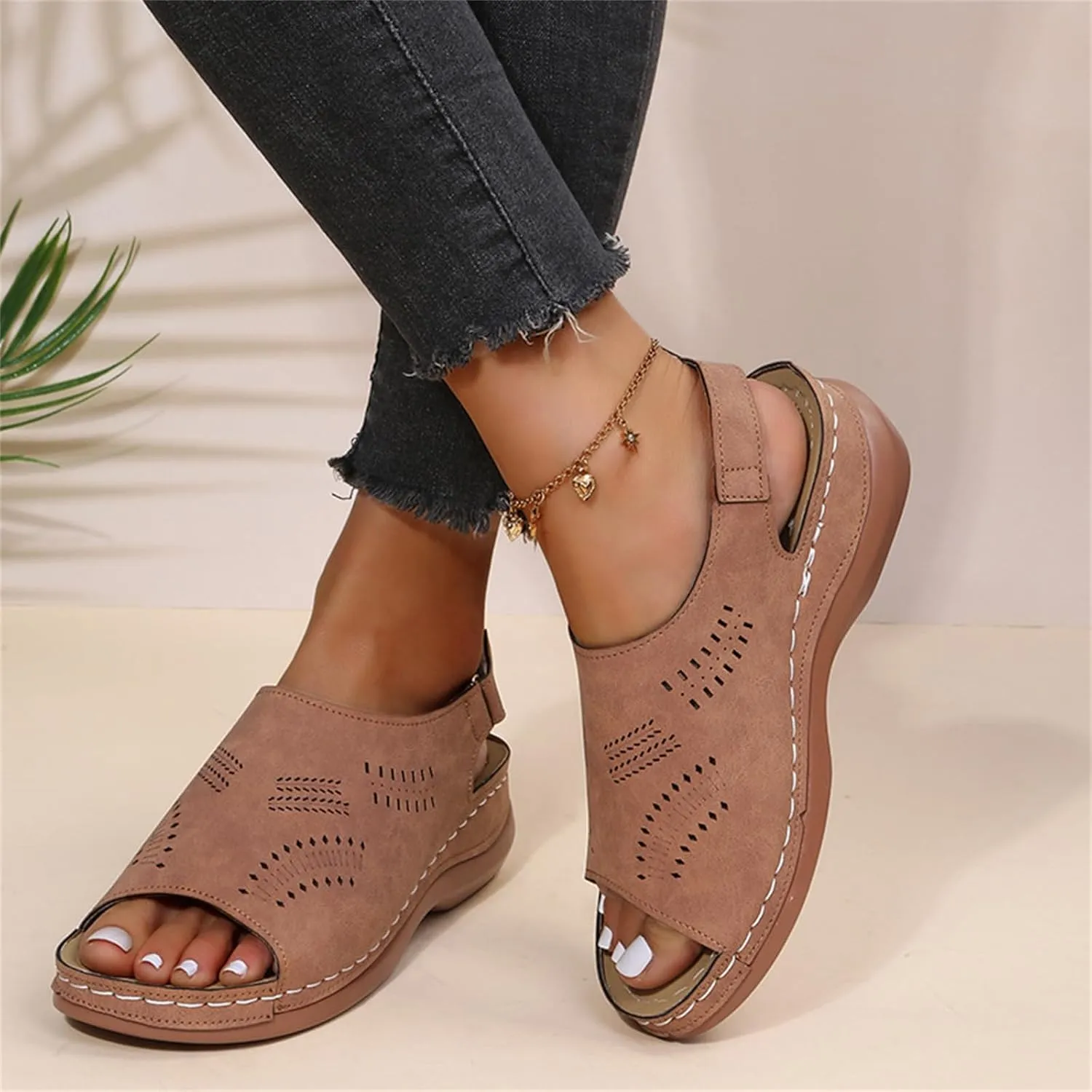 Orthopedic Sandals for Women Arch Support Sandals Women's Summer Platform Wedges, Hollow Out Ankle Strap Walking Sandal Fish Mouth Open Toe Flat Wedges Casual Comfortable Platform Shoes