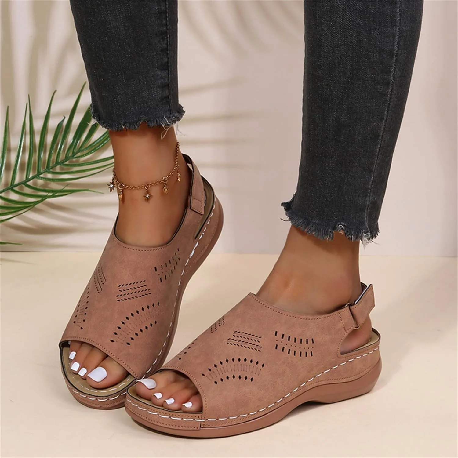 Orthopedic Sandals for Women Arch Support Sandals Women's Summer Platform Wedges, Hollow Out Ankle Strap Walking Sandal Fish Mouth Open Toe Flat Wedges Casual Comfortable Platform Shoes