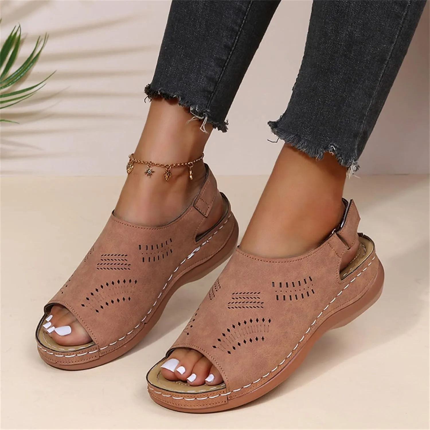 Orthopedic Sandals for Women Arch Support Sandals Women's Summer Platform Wedges, Hollow Out Ankle Strap Walking Sandal Fish Mouth Open Toe Flat Wedges Casual Comfortable Platform Shoes