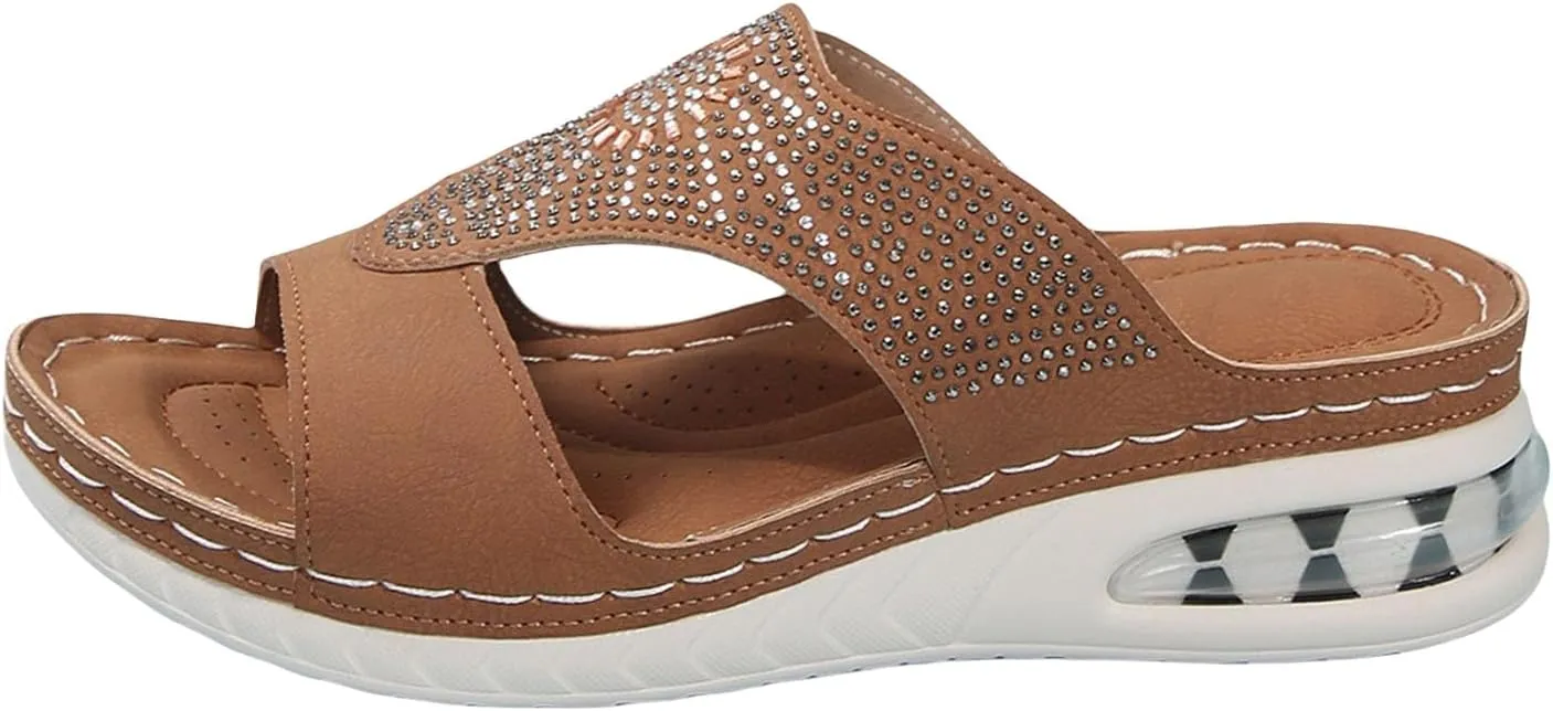 Orthopedic Sandals for Women Rhinestone Slip On Wedge Sandals Summer Peep Toe Slippers Comfortable Beach Shoes