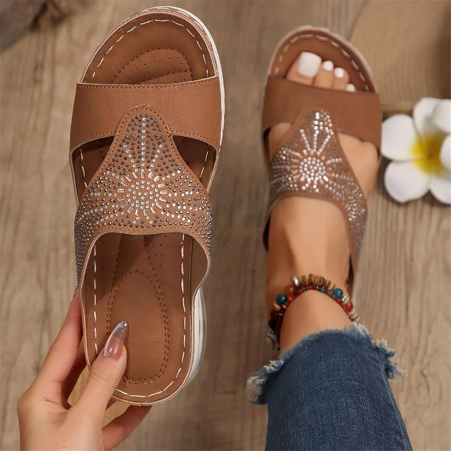 Orthopedic Sandals for Women Rhinestone Slip On Wedge Sandals Summer Peep Toe Slippers Comfortable Beach Shoes