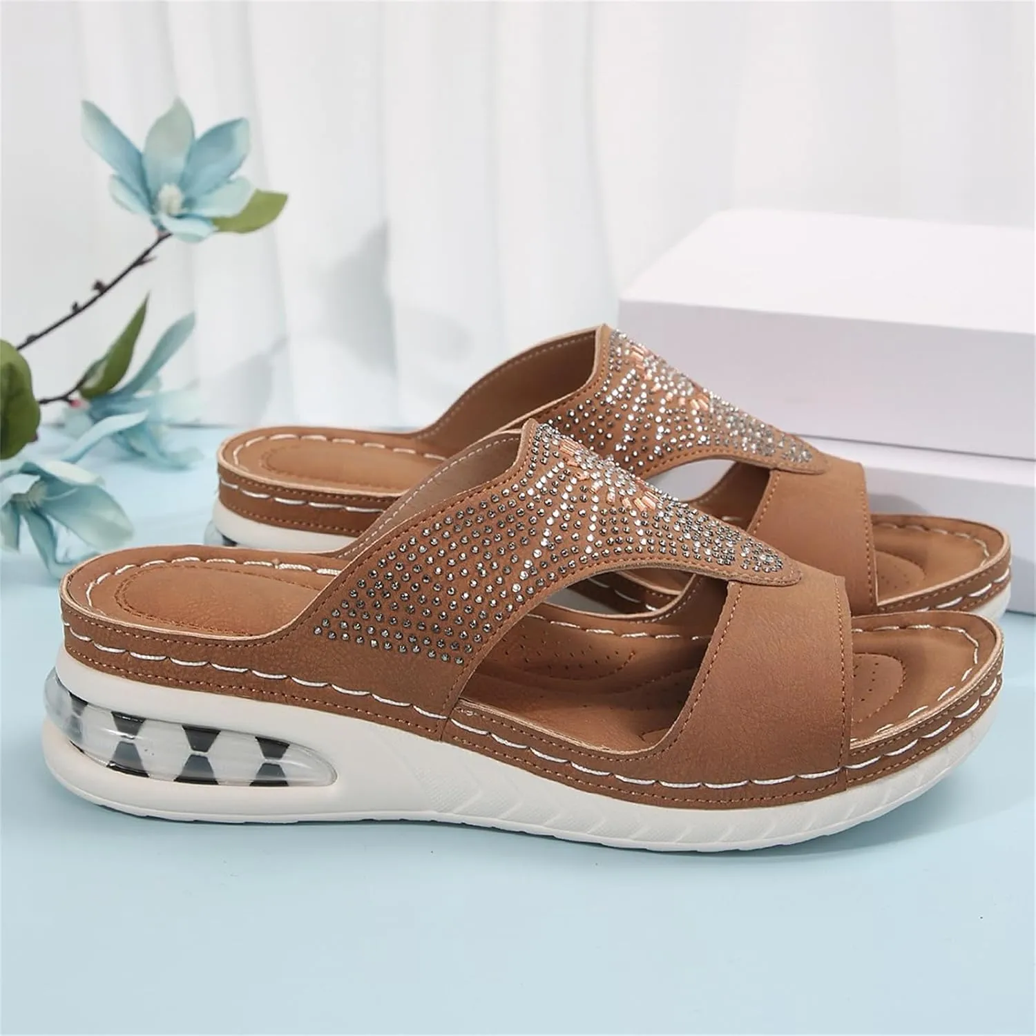 Orthopedic Sandals for Women Rhinestone Slip On Wedge Sandals Summer Peep Toe Slippers Comfortable Beach Shoes