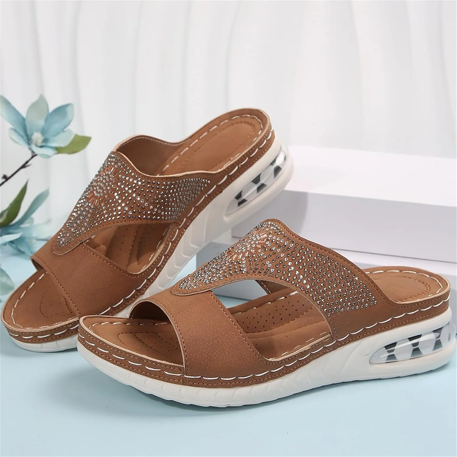Orthopedic Sandals for Women Rhinestone Slip On Wedge Sandals Summer Peep Toe Slippers Comfortable Beach Shoes