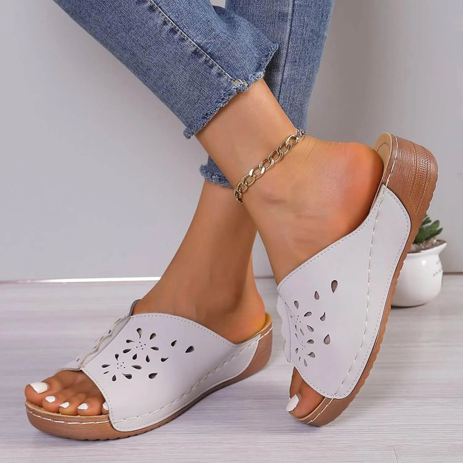 Orthopedic Sandals for Women Summer Hollow Out Wedge Sandals Fish Mouth Leather Platform Wedges, Open Toe Breathable Slippers Comfortable Slip on Walking Slippers
