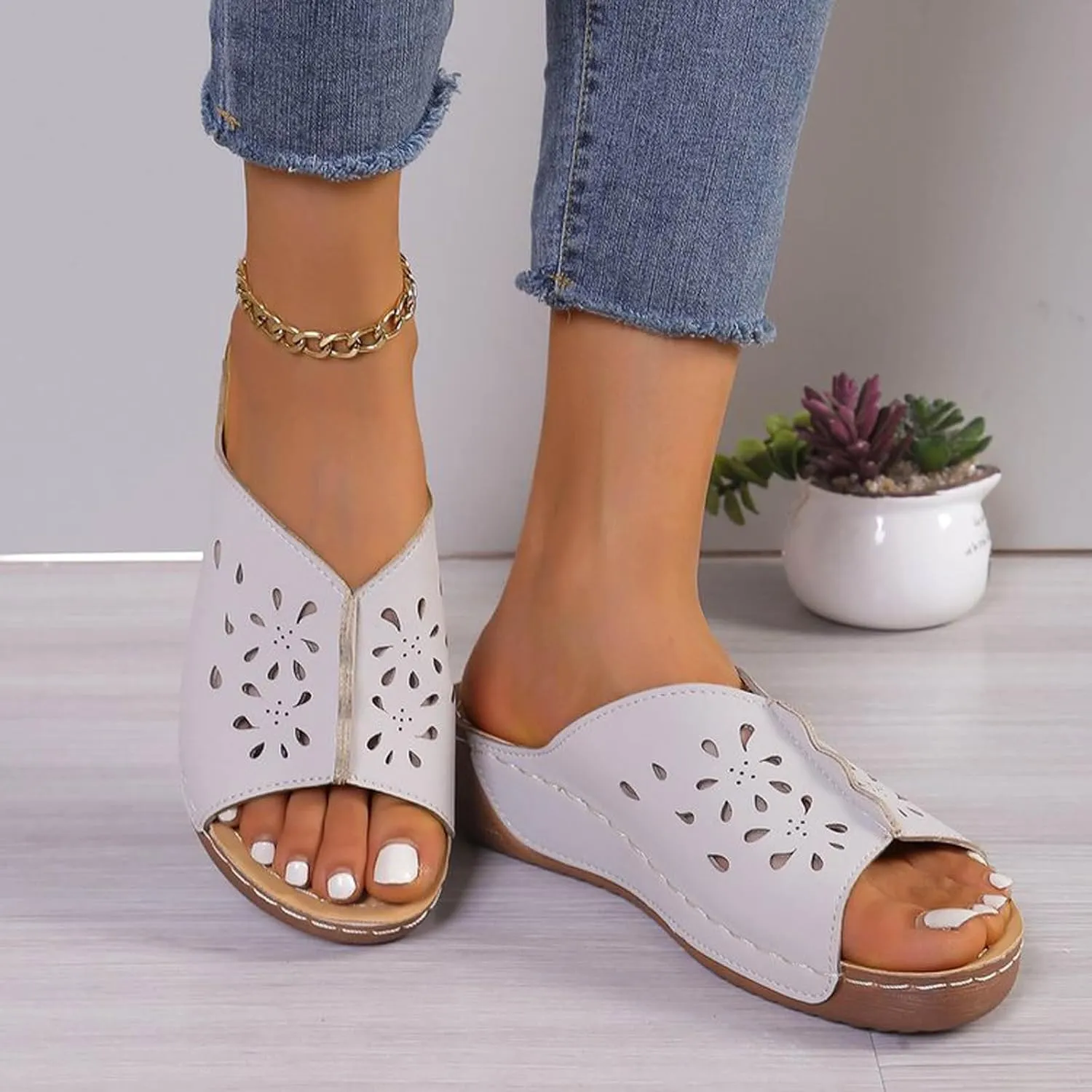 Orthopedic Sandals for Women Summer Hollow Out Wedge Sandals Fish Mouth Leather Platform Wedges, Open Toe Breathable Slippers Comfortable Slip on Walking Slippers