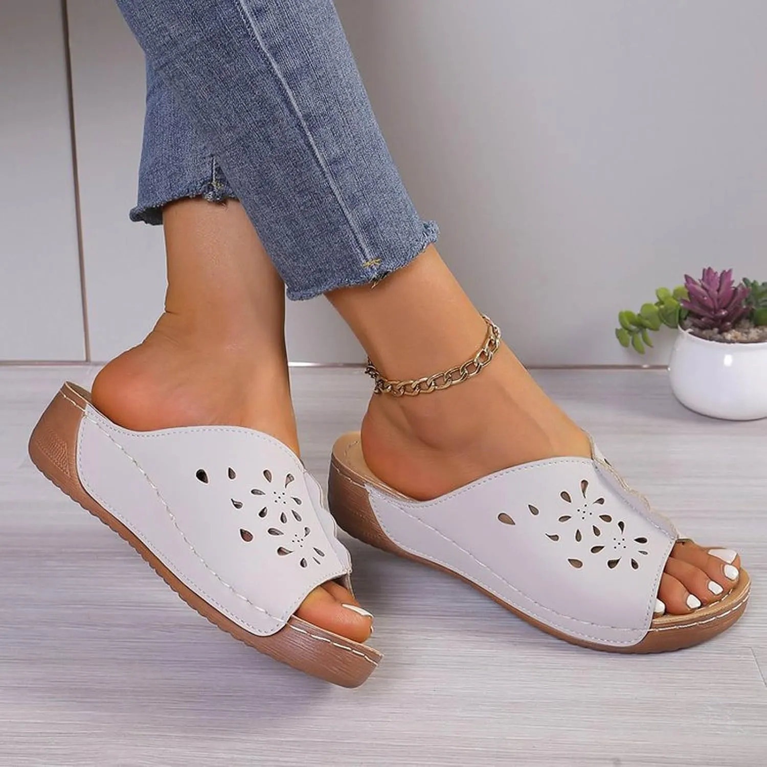 Orthopedic Sandals for Women Summer Hollow Out Wedge Sandals Fish Mouth Leather Platform Wedges, Open Toe Breathable Slippers Comfortable Slip on Walking Slippers