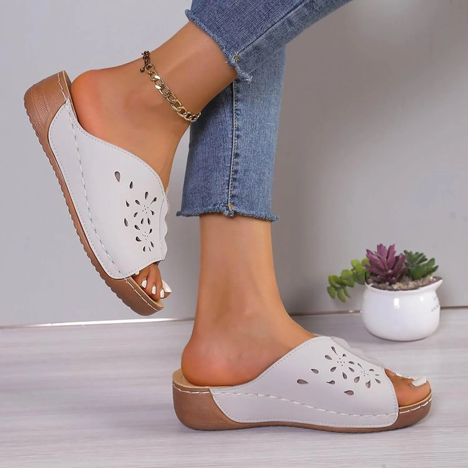 Orthopedic Sandals for Women Summer Hollow Out Wedge Sandals Fish Mouth Leather Platform Wedges, Open Toe Breathable Slippers Comfortable Slip on Walking Slippers