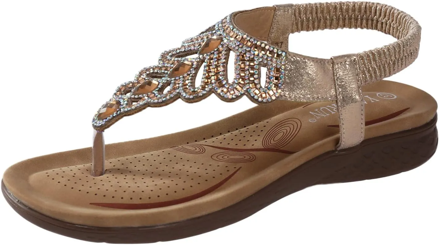 peqiut Orthopedic Wedge Sandals for Women Women's Bohemian Flower Rhinestone Casual Flat Sandals Fashion Ankle Strap Sandals