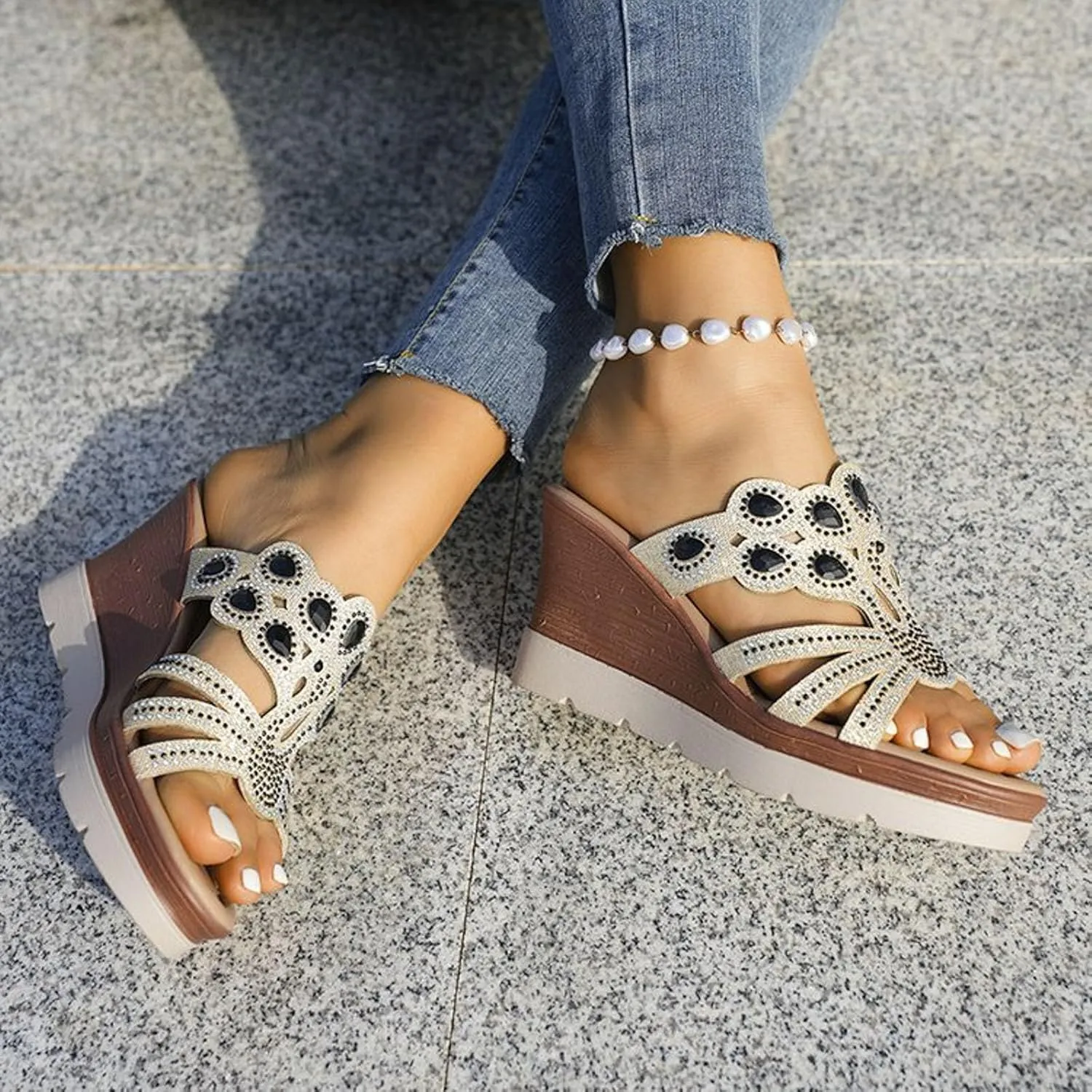peqiut Women's Sandal Dressy Summer Wedge Orthopedic Sandals for Women Comfortable Jeweled Boho Sandals Casual Slides