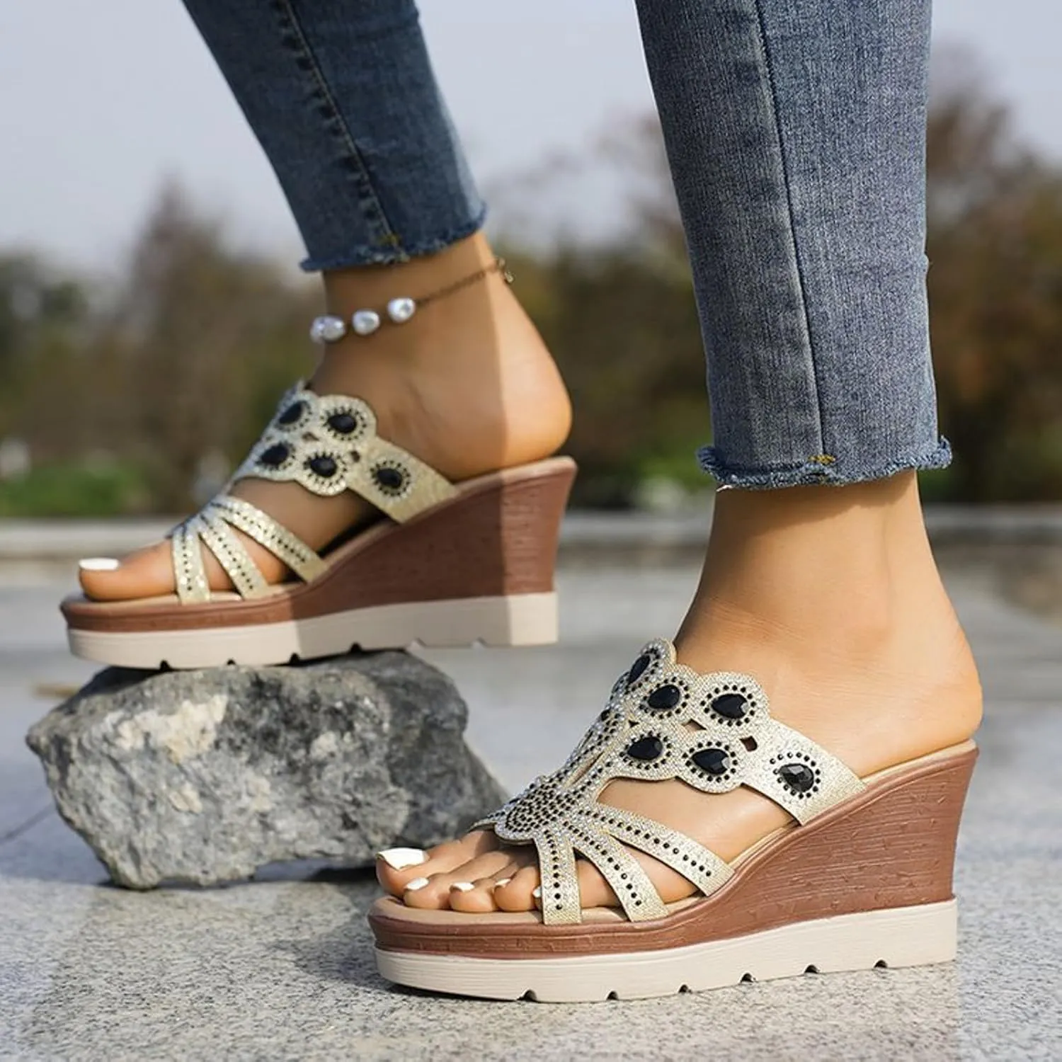 peqiut Women's Sandal Dressy Summer Wedge Orthopedic Sandals for Women Comfortable Jeweled Boho Sandals Casual Slides