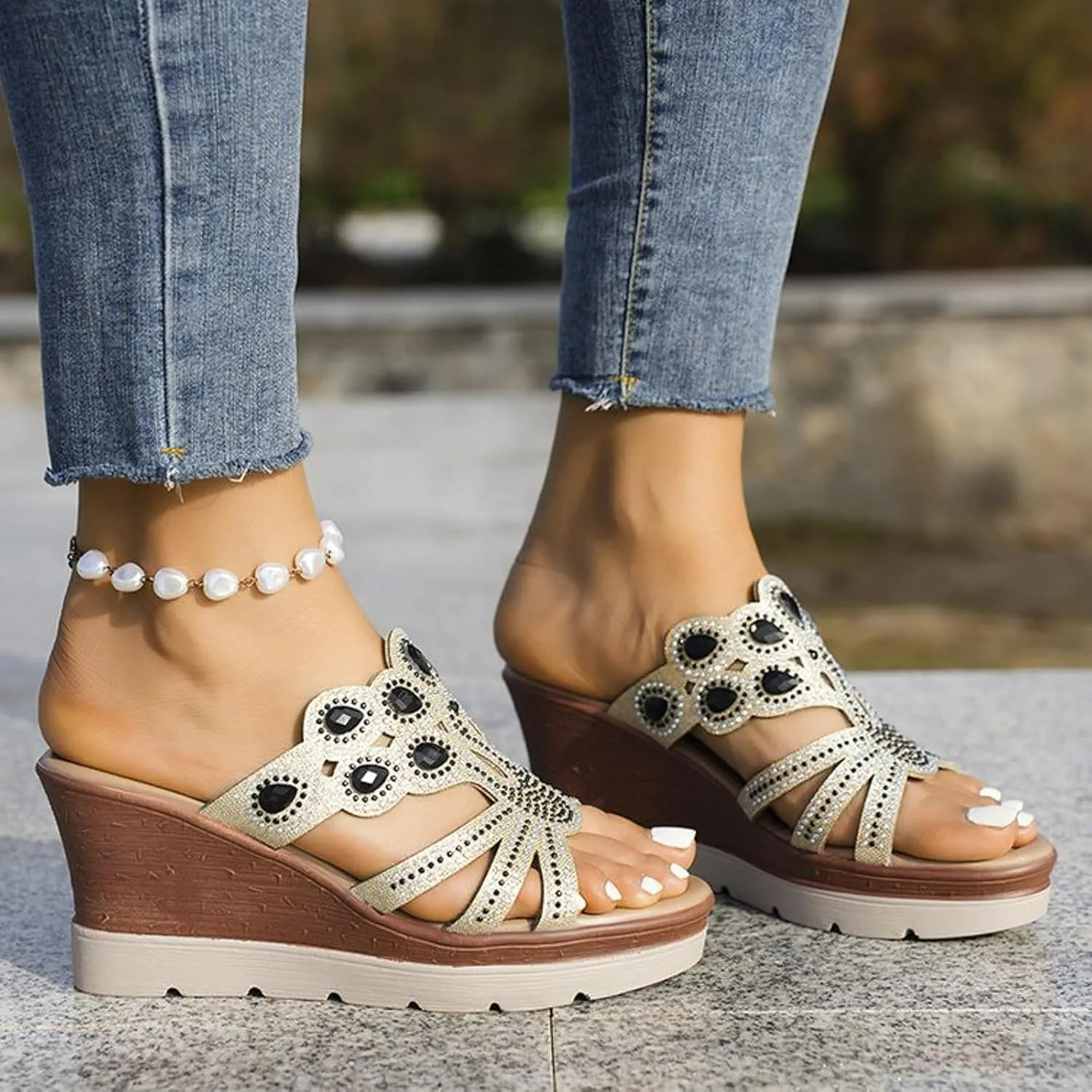 peqiut Women's Sandal Dressy Summer Wedge Orthopedic Sandals for Women Comfortable Jeweled Boho Sandals Casual Slides