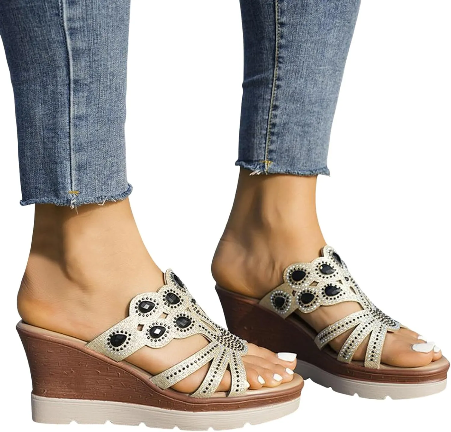 peqiut Women's Sandal Dressy Summer Wedge Orthopedic Sandals for Women Comfortable Jeweled Boho Sandals Casual Slides