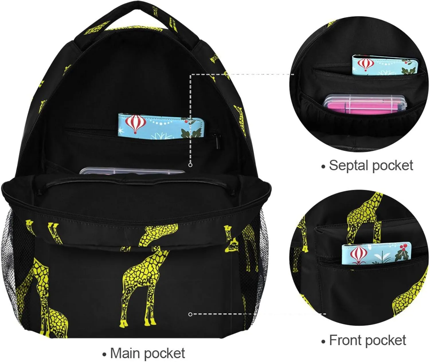 Pfrewn Custom Backpacks Personalized Yellow Giraffes on Black Bookbag with Name Boys Girls School Backpack 17"