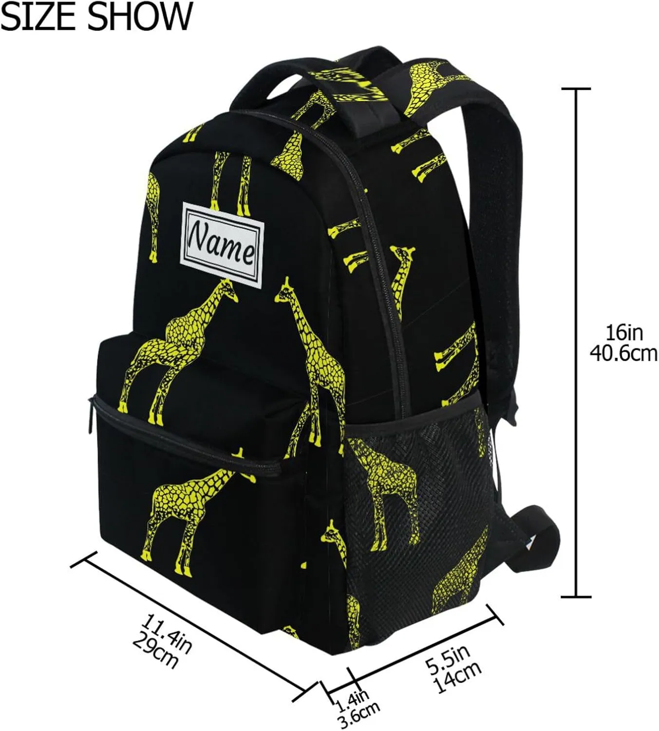 Pfrewn Custom Backpacks Personalized Yellow Giraffes on Black Bookbag with Name Boys Girls School Backpack 17"