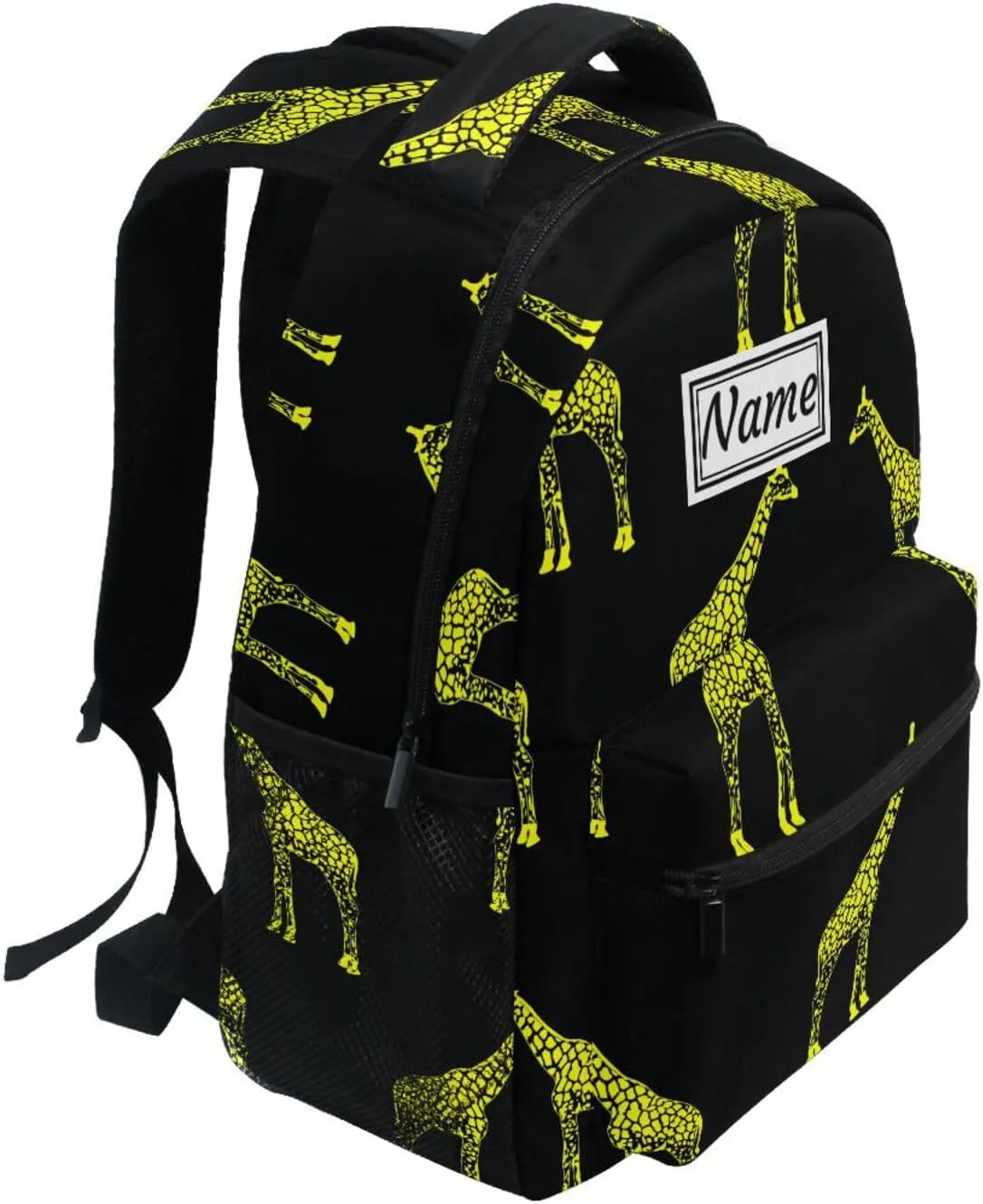 Pfrewn Custom Backpacks Personalized Yellow Giraffes on Black Bookbag with Name Boys Girls School Backpack 17"