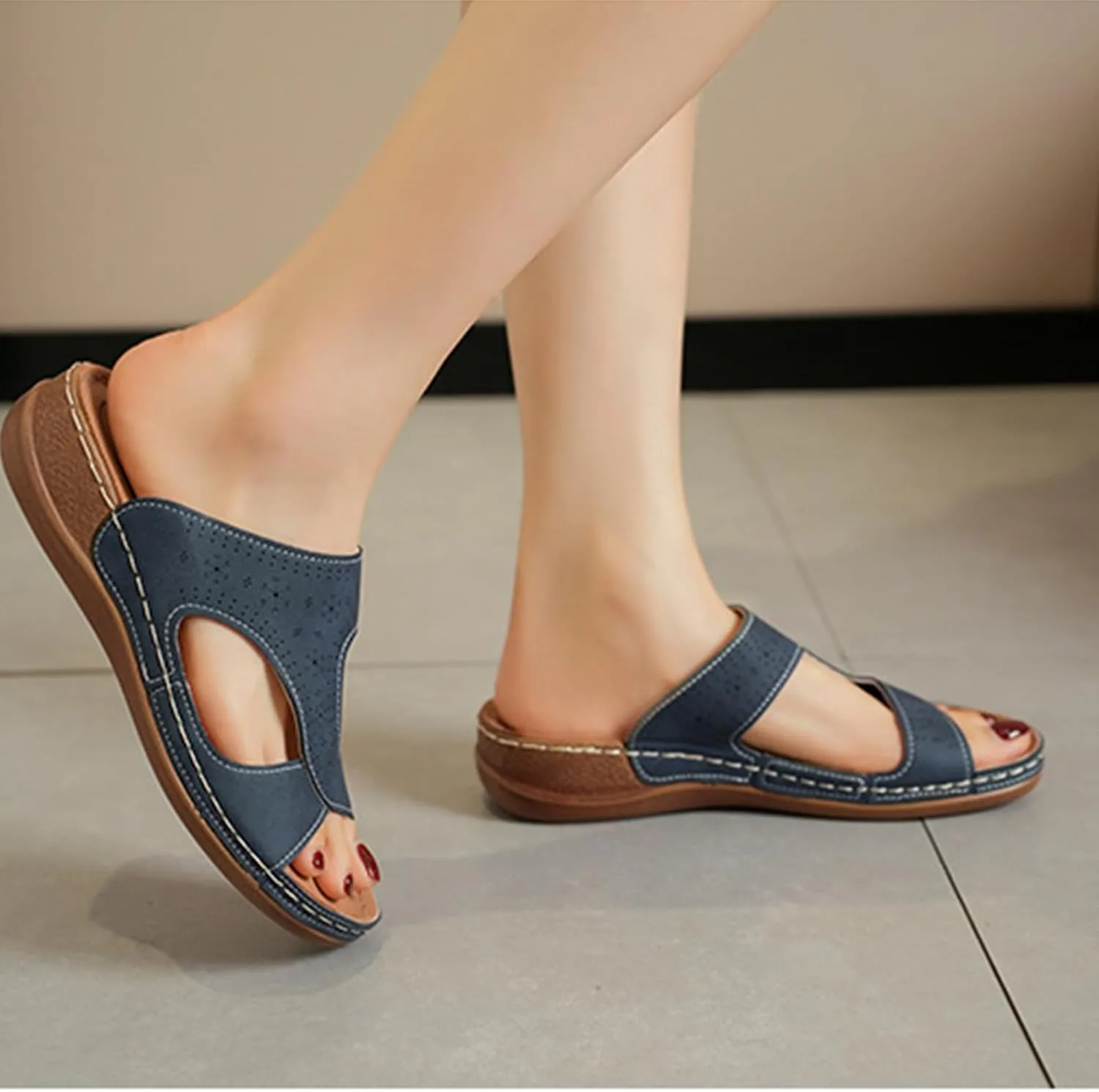 Platform Sandals Women Summer Orthopedic Arch Support Flat Slip on Wide Width Damping Sole Upgradation Stretch Lightweight Heels Diabetic Walking Shoes Dressy Flip Flops Leather Wedge