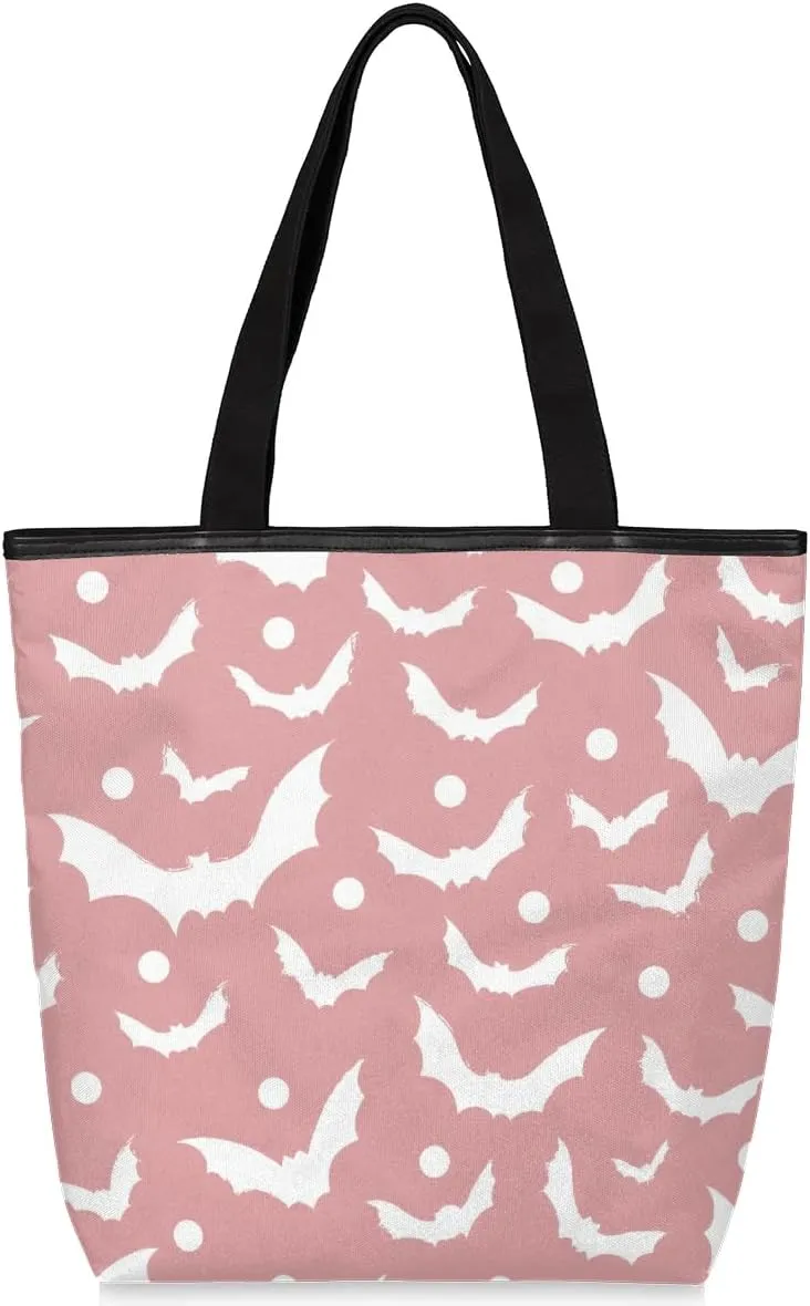 Polka Dot Bat Hand Painted White Canvas Tote Bag with Zipper and Pockets Canvas Tote Shopping Bag Women Reusable Grocery Bag for Beach Travel Gym Shopping