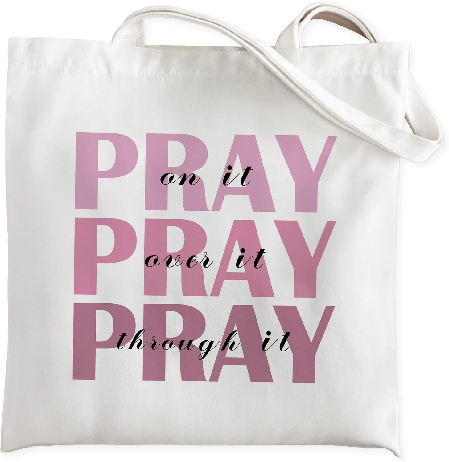 Pray On it Pray Over it Pray Through it Tote Bag for Women, Pink Christian Girly Aesthetic Canvas Tote Bag, Bible Verse Beach Bag, Reusable Grocery Shopping Bags, 15.5x15 Inch