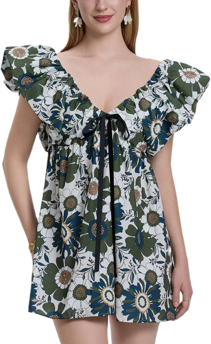 QLQLWDD Women Y2k Floral Print Mini Dress Boho V Neck Puff Sleeve Short Dress Flowy A Line Babydoll Dress