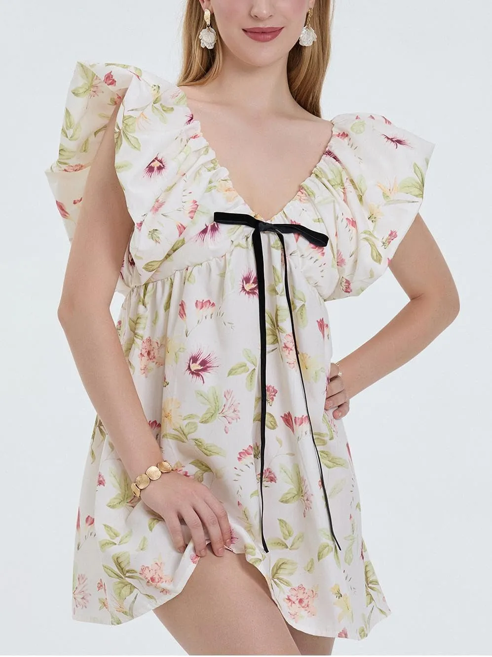 QLQLWDD Women Y2k Floral Print Mini Dress Boho V Neck Puff Sleeve Short Dress Flowy A Line Babydoll Dress