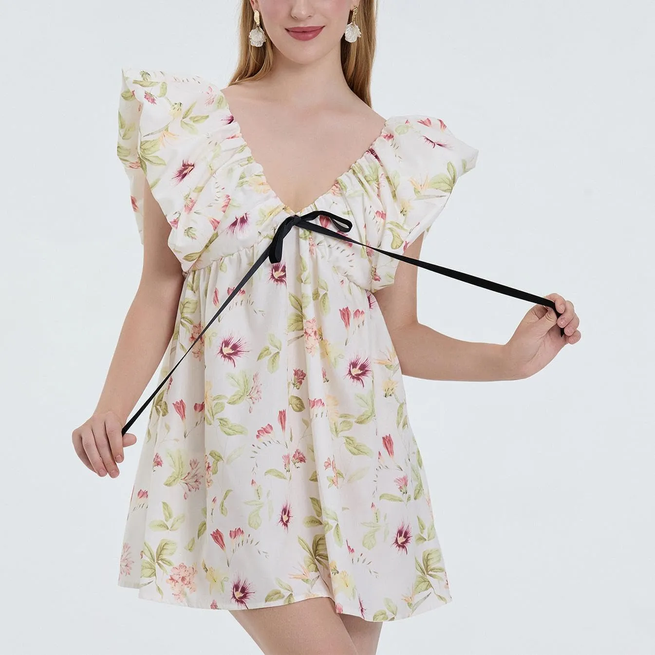 QLQLWDD Women Y2k Floral Print Mini Dress Boho V Neck Puff Sleeve Short Dress Flowy A Line Babydoll Dress