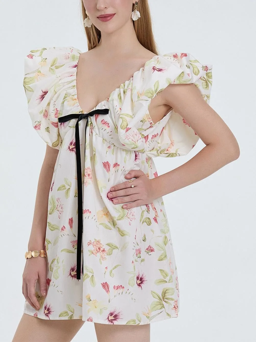 QLQLWDD Women Y2k Floral Print Mini Dress Boho V Neck Puff Sleeve Short Dress Flowy A Line Babydoll Dress