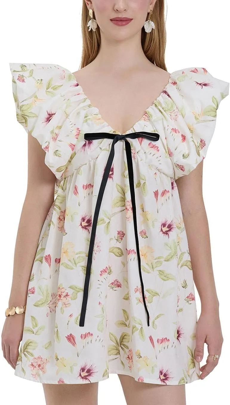 QLQLWDD Women Y2k Floral Print Mini Dress Boho V Neck Puff Sleeve Short Dress Flowy A Line Babydoll Dress
