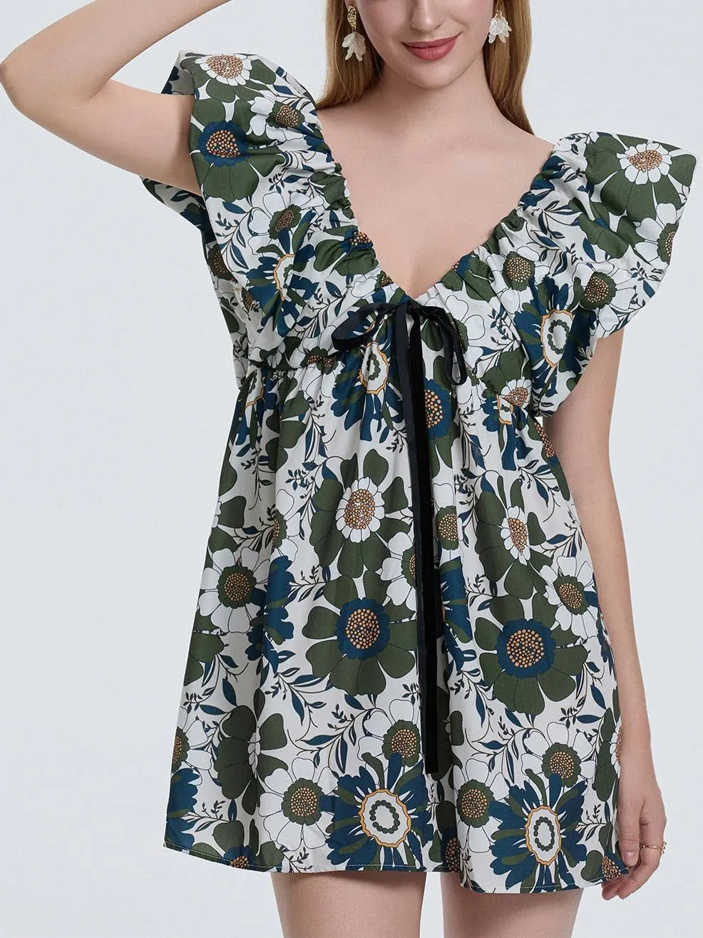 QLQLWDD Women Y2k Floral Print Mini Dress Boho V Neck Puff Sleeve Short Dress Flowy A Line Babydoll Dress