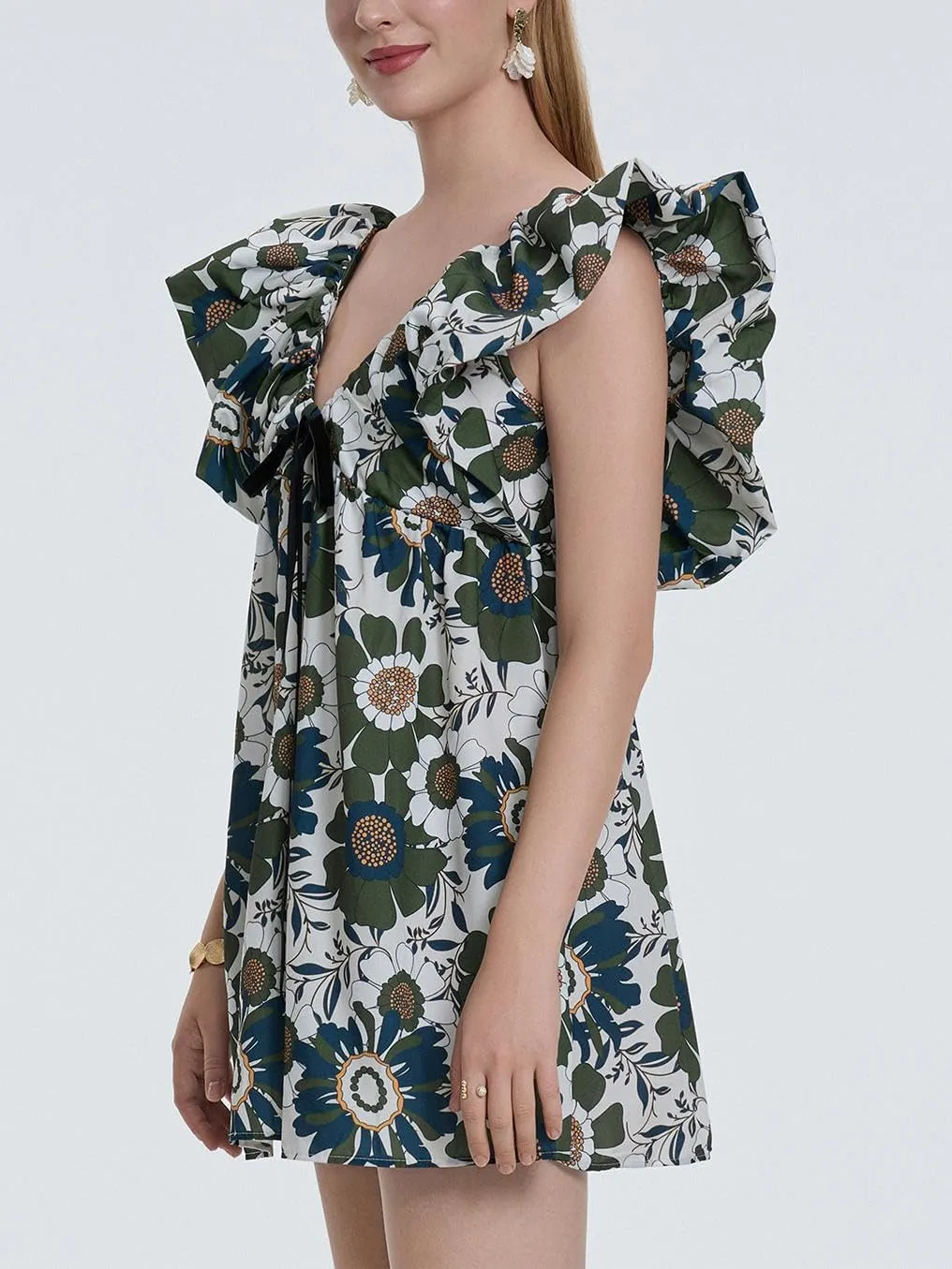 QLQLWDD Women Y2k Floral Print Mini Dress Boho V Neck Puff Sleeve Short Dress Flowy A Line Babydoll Dress