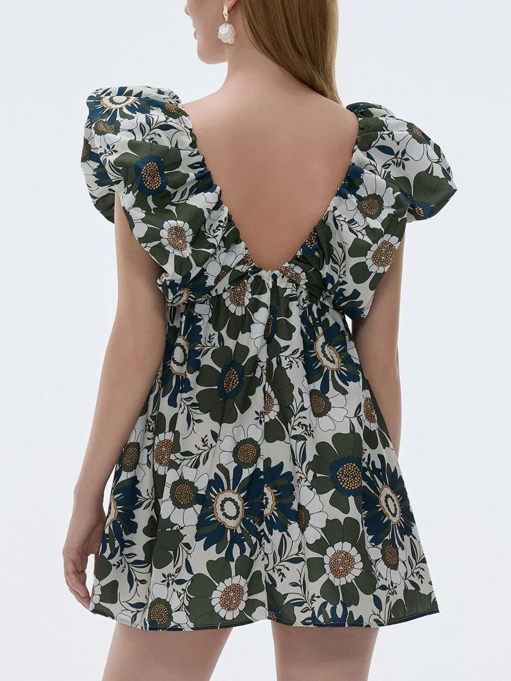 QLQLWDD Women Y2k Floral Print Mini Dress Boho V Neck Puff Sleeve Short Dress Flowy A Line Babydoll Dress