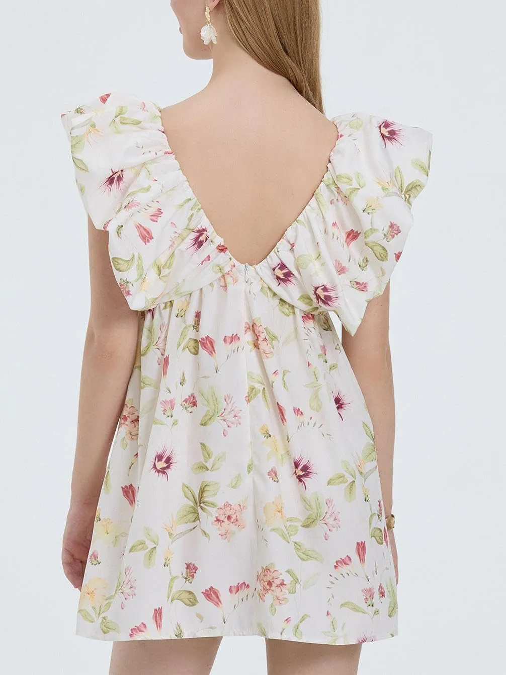 QLQLWDD Women Y2k Floral Print Mini Dress Boho V Neck Puff Sleeve Short Dress Flowy A Line Babydoll Dress