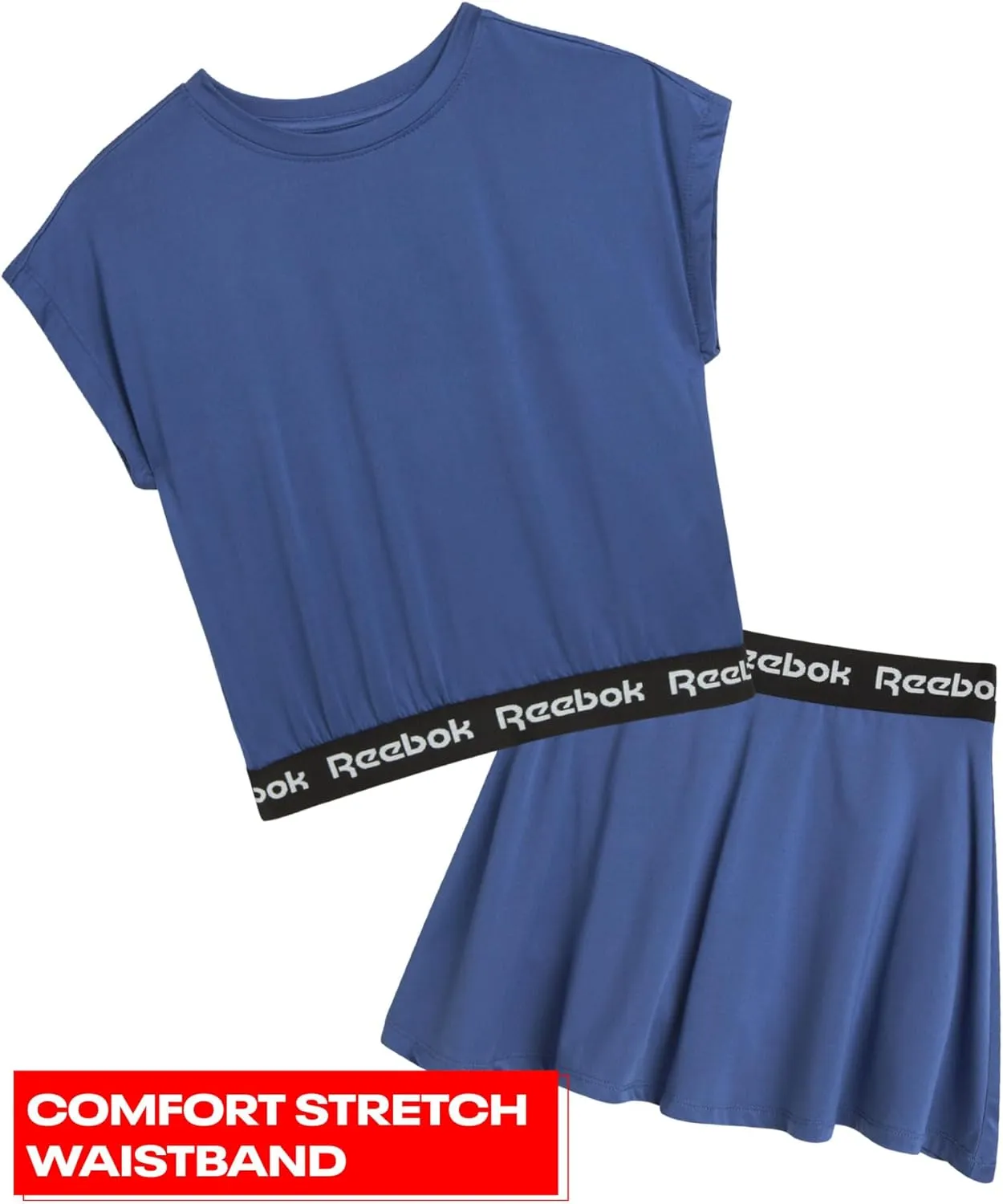 Reebok Girls' Athletic Skort Set - 2 Piece Girls Short Sleeve Top and Logo Waistband Tennis Flowy Skirt Shorts, Sizes: 7-12