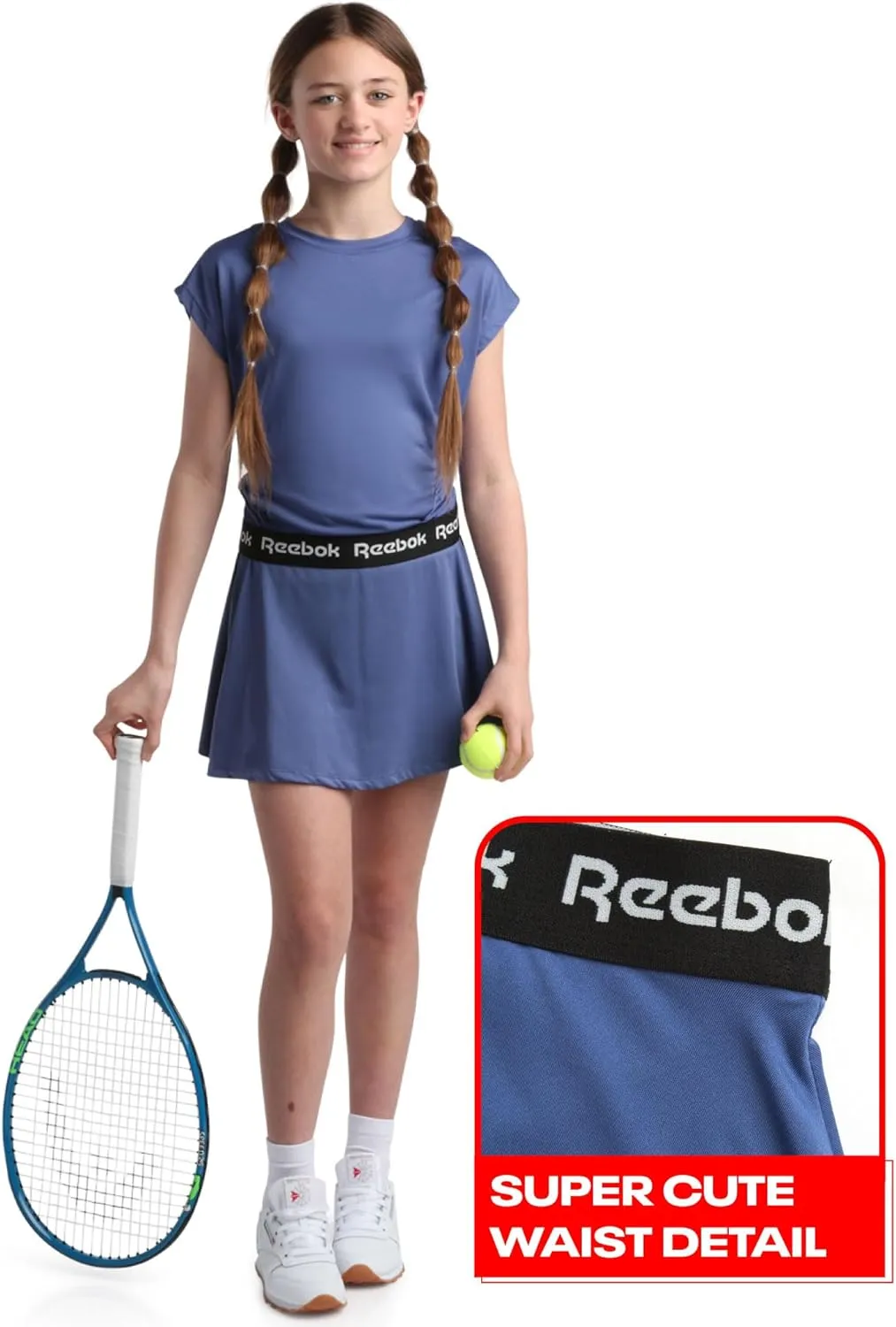 Reebok Girls' Athletic Skort Set - 2 Piece Girls Short Sleeve Top and Logo Waistband Tennis Flowy Skirt Shorts, Sizes: 7-12