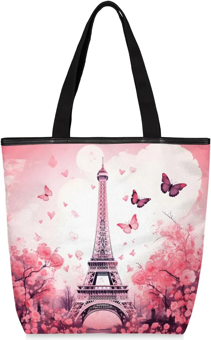 Rose Butterfly Lighthouse Hand Painted Canvas Tote Bag with Zipper and Pockets Canvas Tote Shopping Bag Women Reusable Grocery Bag for Beach Travel Gym Shopping