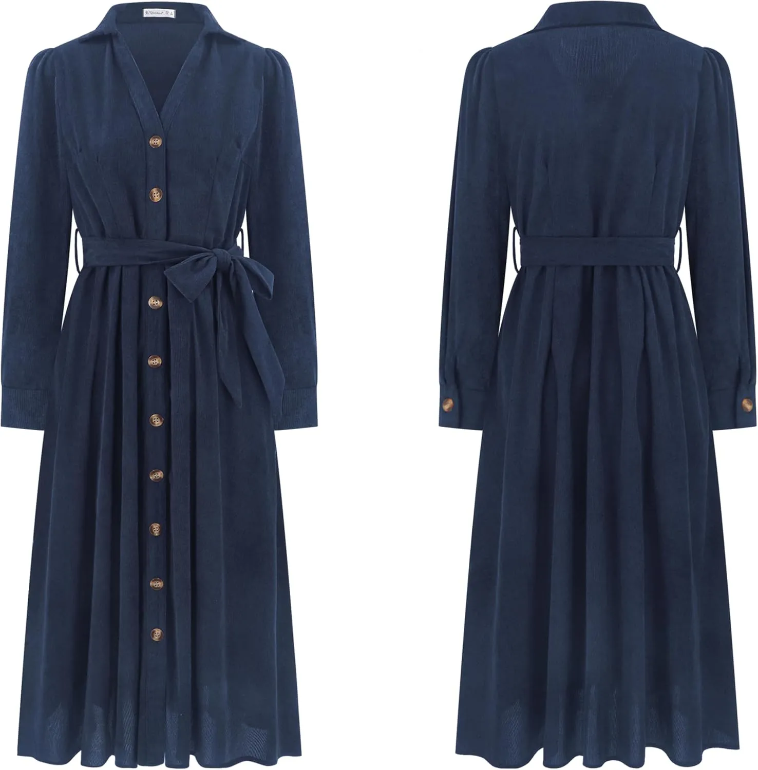 R.Vivimos Womens Fall Winter Corduroy Midi Dress Long Sleeve V Neck Button Down Belted Flowy Shirt Dress with Pockets