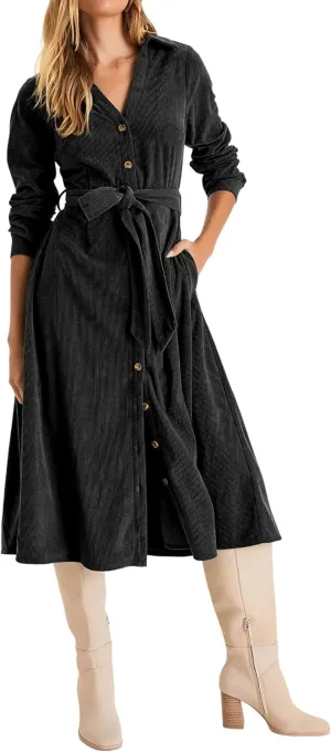 R.Vivimos Womens Fall Winter Corduroy Midi Dress Long Sleeve V Neck Button Down Belted Flowy Shirt Dress with Pockets