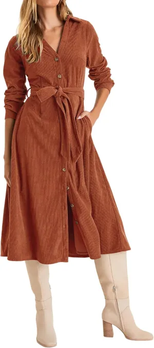R.Vivimos Womens Fall Winter Corduroy Midi Dress Long Sleeve V Neck Button Down Belted Flowy Shirt Dress with Pockets