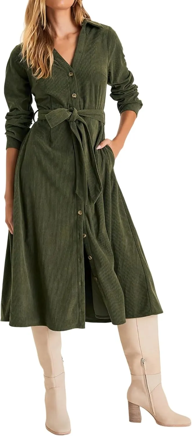 R.Vivimos Womens Fall Winter Corduroy Midi Dress Long Sleeve V Neck Button Down Belted Flowy Shirt Dress with Pockets