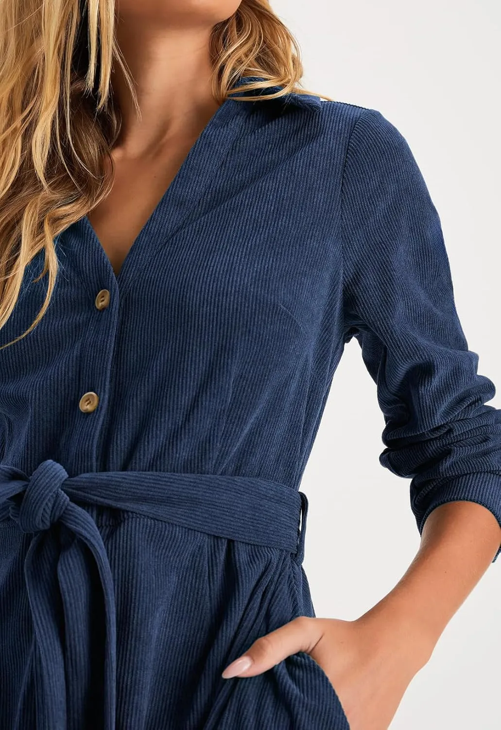 R.Vivimos Womens Fall Winter Corduroy Midi Dress Long Sleeve V Neck Button Down Belted Flowy Shirt Dress with Pockets