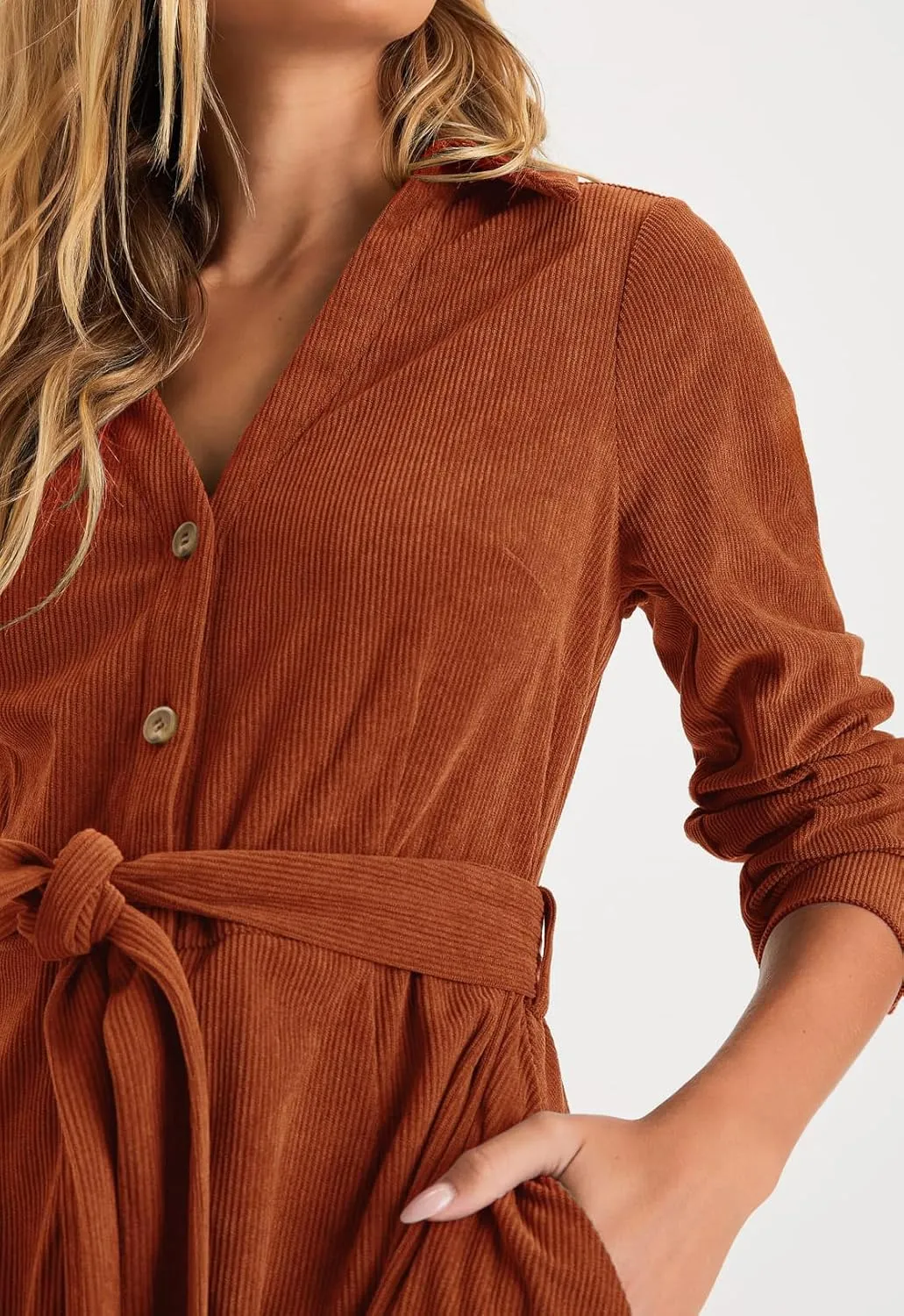 R.Vivimos Womens Fall Winter Corduroy Midi Dress Long Sleeve V Neck Button Down Belted Flowy Shirt Dress with Pockets