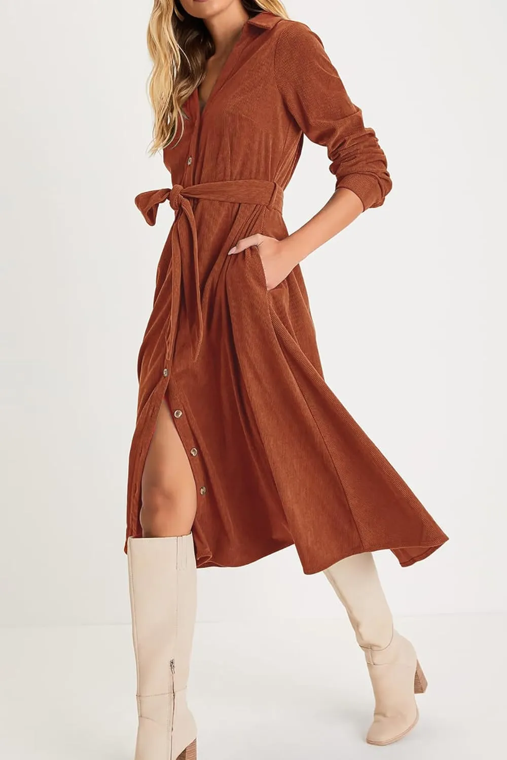 R.Vivimos Womens Fall Winter Corduroy Midi Dress Long Sleeve V Neck Button Down Belted Flowy Shirt Dress with Pockets