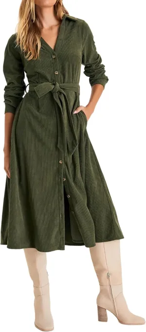R.Vivimos Womens Fall Winter Corduroy Midi Dress Long Sleeve V Neck Button Down Belted Flowy Shirt Dress with Pockets