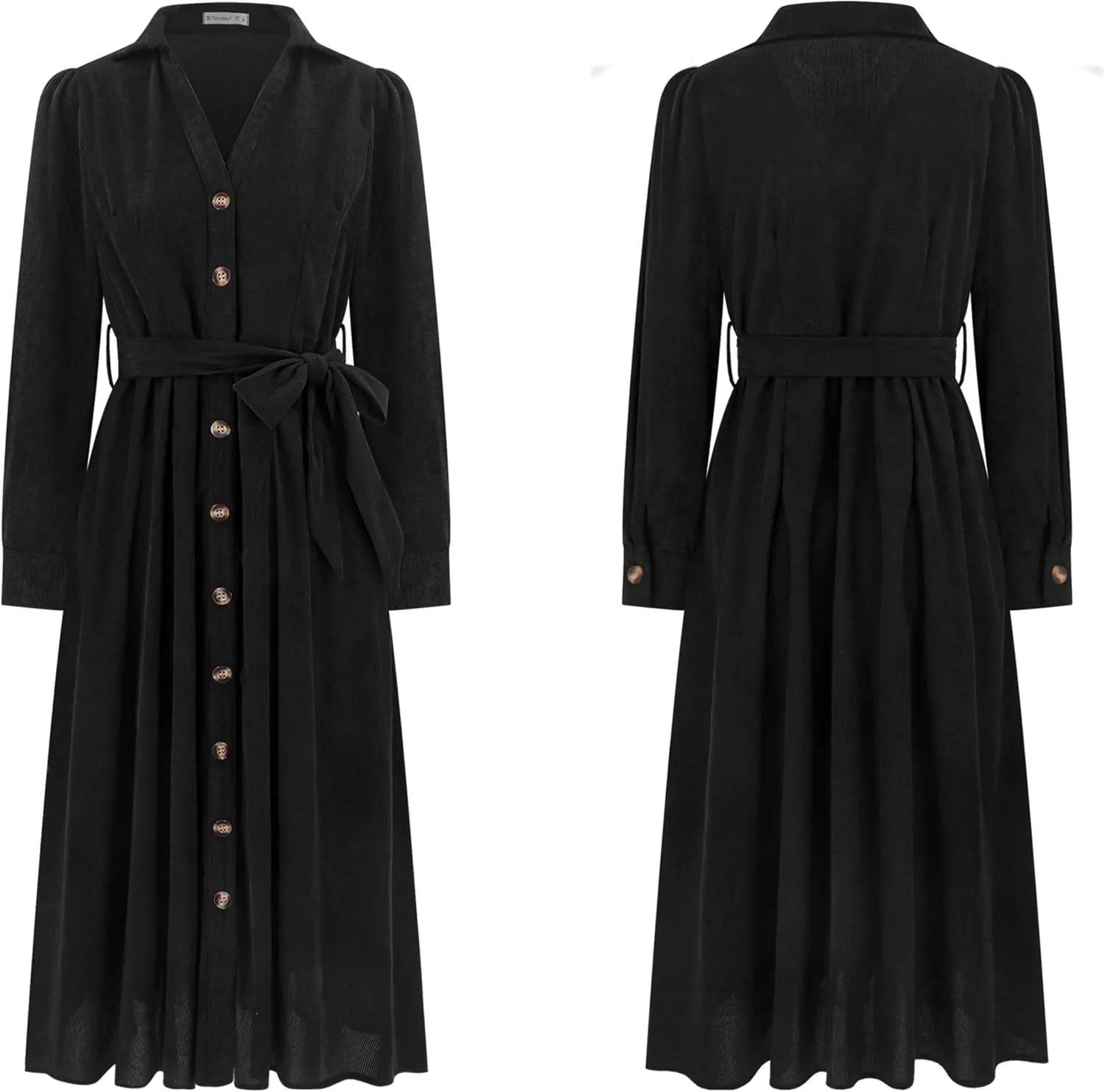 R.Vivimos Womens Fall Winter Corduroy Midi Dress Long Sleeve V Neck Button Down Belted Flowy Shirt Dress with Pockets